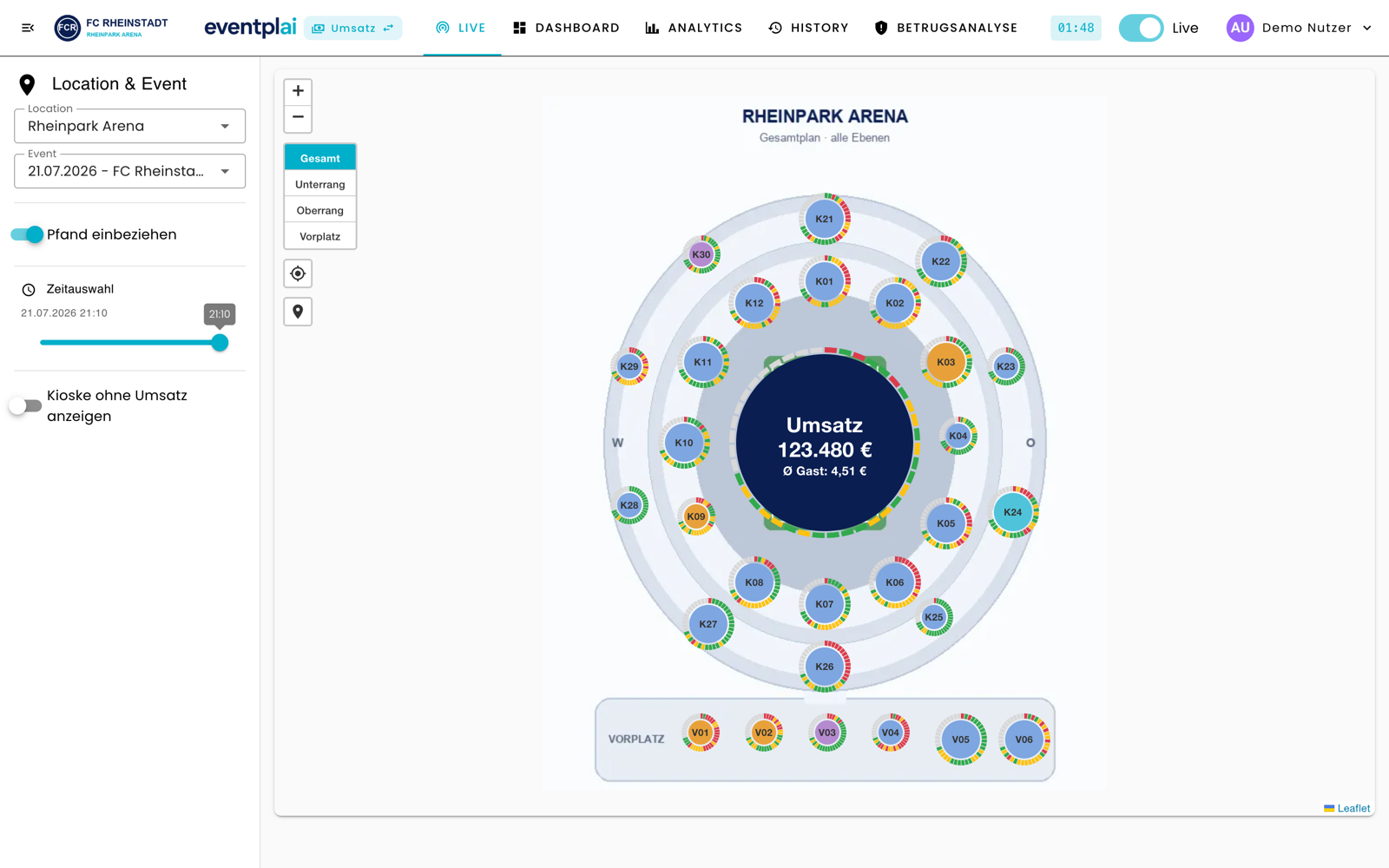 Eventplai Live-Dashboard: Arena-Lageplan mit Umsatz je Verkaufsstand in Echtzeit